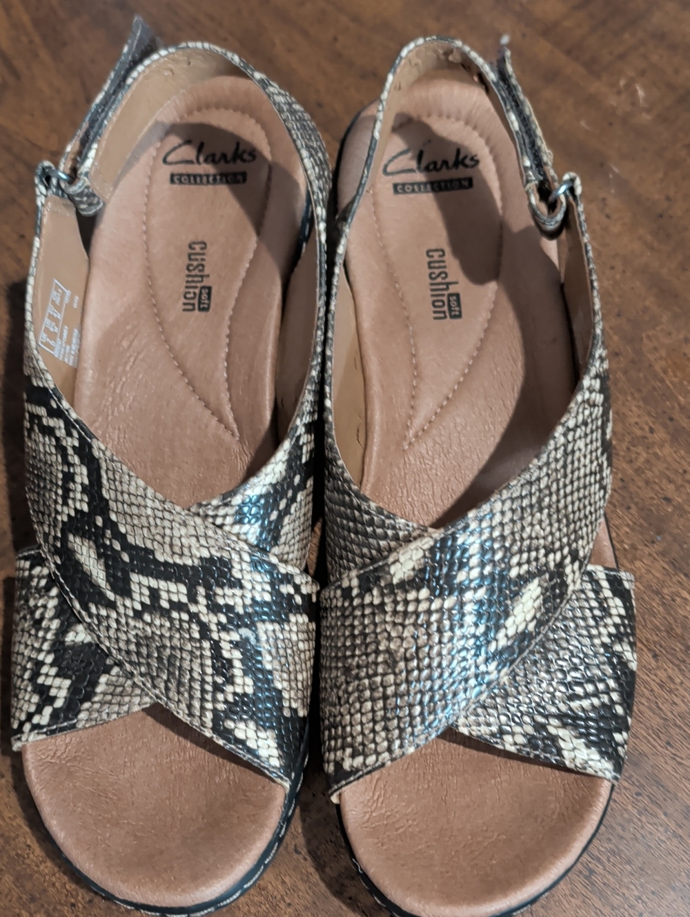 Clarks Women's Snake-Print Cross Strap Sandals in Beige/Black